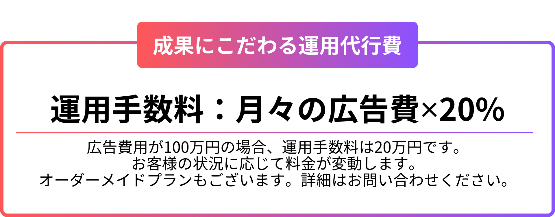 運用手数料：月々の広告費✕20%
広告費用が100万円の場合、運用手数料は20万円です。
お客様の状況に応じて料金が変動します。
オーダーメイドプランもございます。詳細はお問い合わせください。